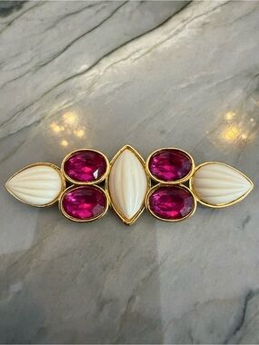 VTG Givenchy Gold-Tone Pin Brooch with Fuchsia Glass Stones and Cream Cabochons